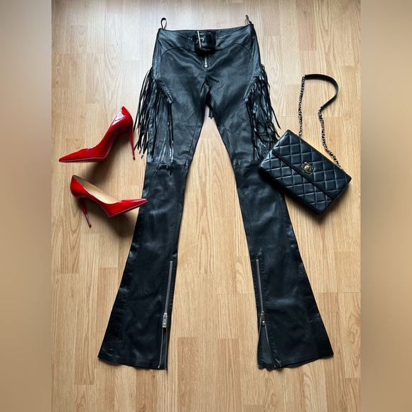 NWOT Versace black fringe leather boot cut pants - Picture 12 of 15